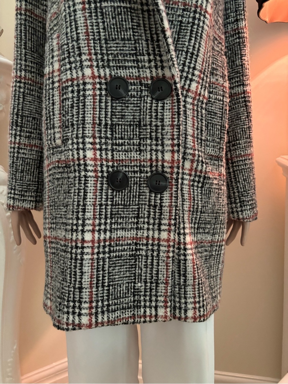 Pink Martini Gray Plaid Double-Breasted Pea Coat with Pink Accents - Picture 3 of 16